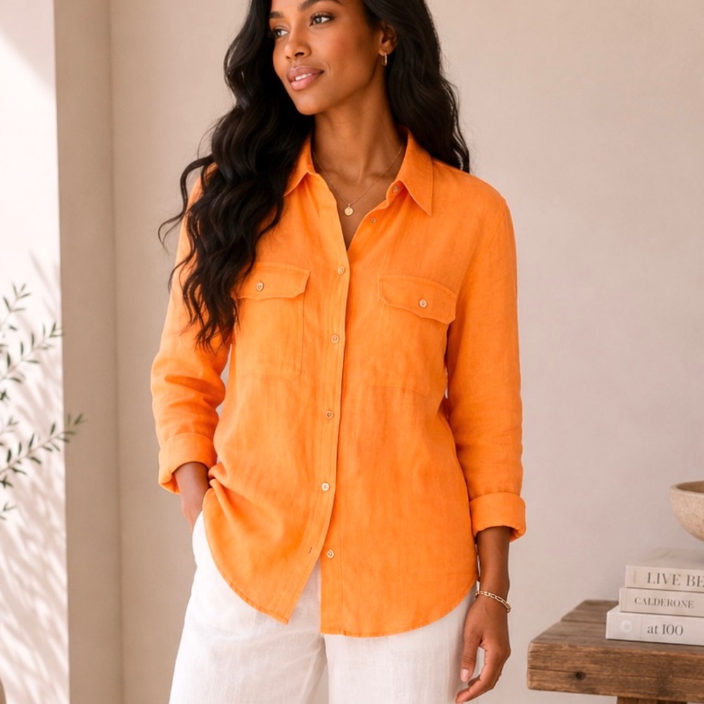 Lauren Ralph Lauren Linen Roll-Tab Sleeve Button Down Blouse Orange Size L